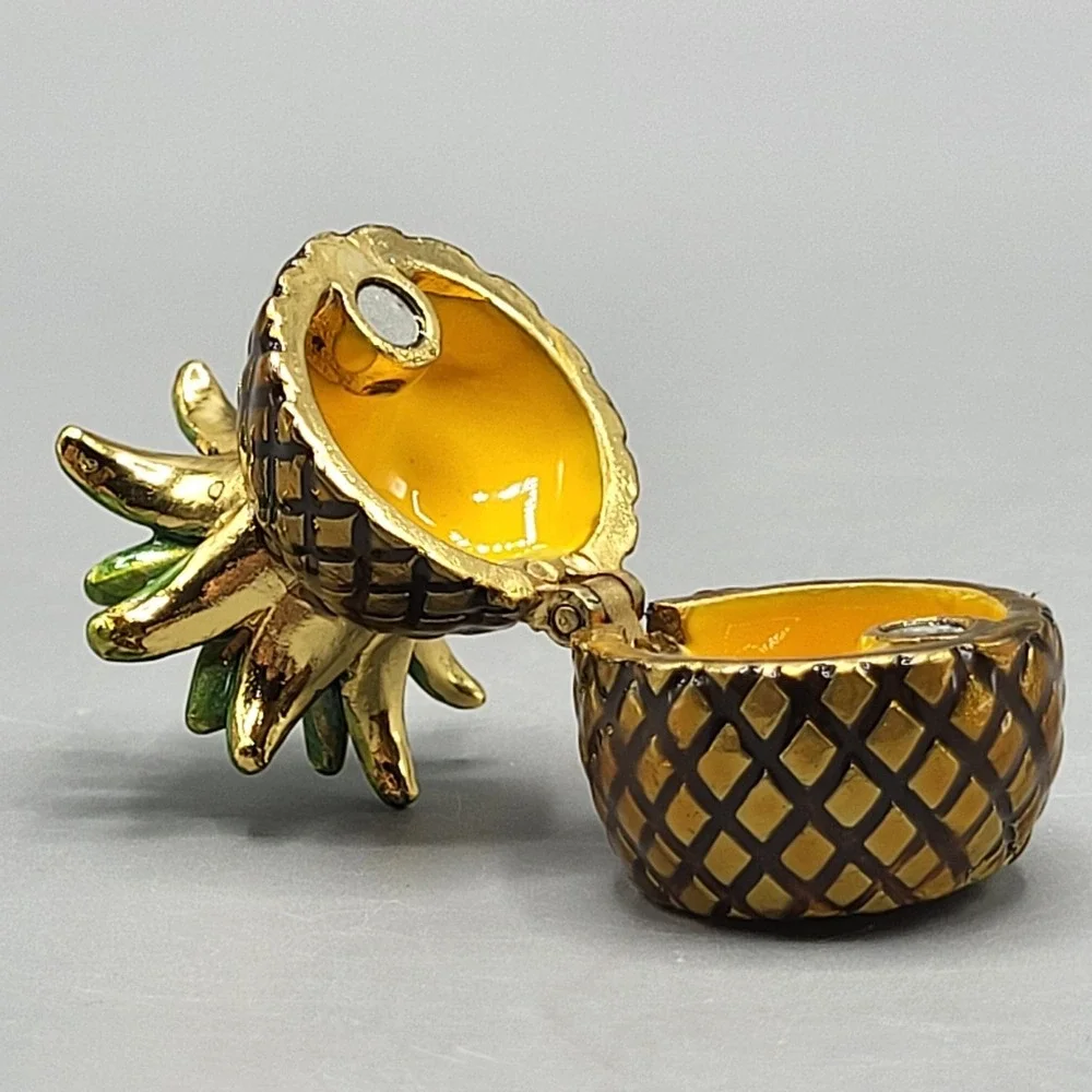 Work of Art Pineapple Trinket Pill Box Small Hinged Enameled Shelf Decor